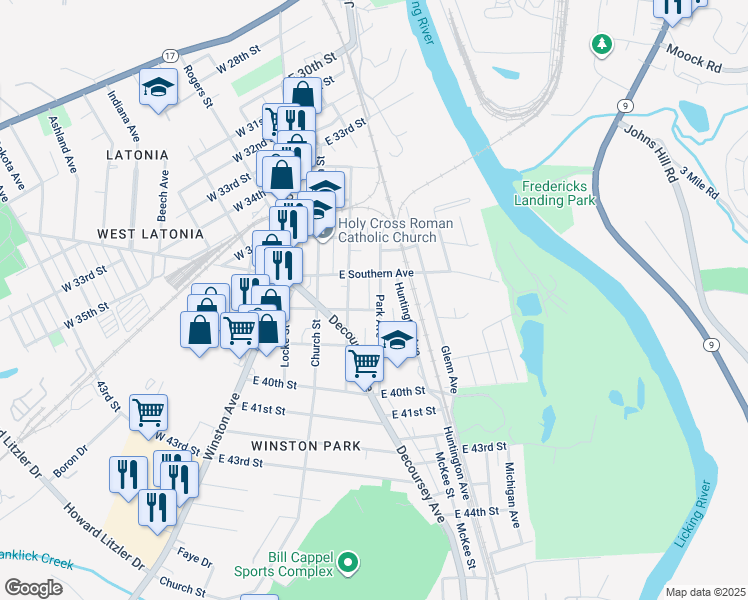 map of restaurants, bars, coffee shops, grocery stores, and more near 212 East 38th Street in Covington