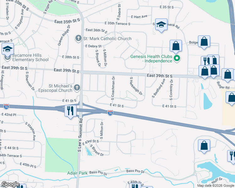 map of restaurants, bars, coffee shops, grocery stores, and more near 3945 South Coachman Drive in Independence