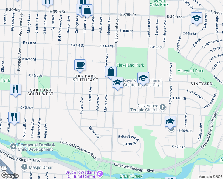 map of restaurants, bars, coffee shops, grocery stores, and more near 4332 Cleveland Avenue in Kansas City