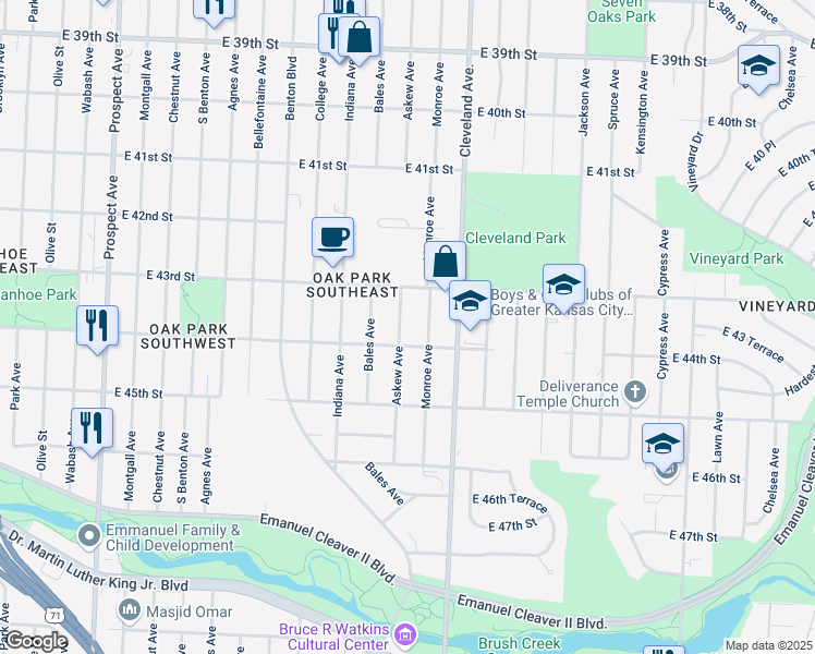 map of restaurants, bars, coffee shops, grocery stores, and more near 4333 Askew Avenue in Kansas City