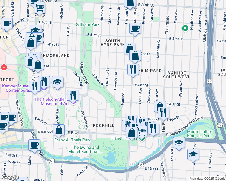 map of restaurants, bars, coffee shops, grocery stores, and more near 4416 Campbell Street in Kansas City