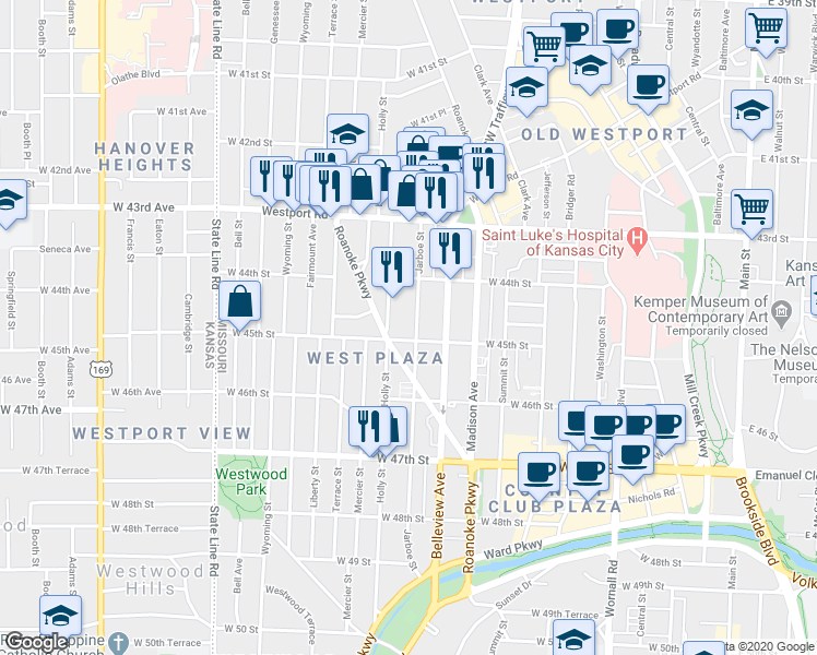 map of restaurants, bars, coffee shops, grocery stores, and more near 1114 West 45th Street in Kansas City