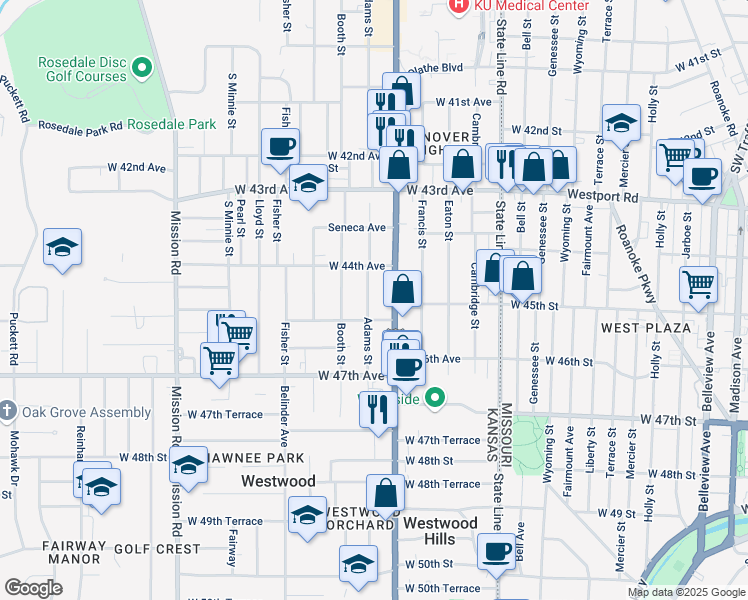 map of restaurants, bars, coffee shops, grocery stores, and more near 4466 Rainbow Boulevard in Kansas City