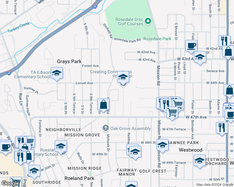 map of restaurants, bars, coffee shops, grocery stores, and more near 3023 Puckett Road in Kansas City