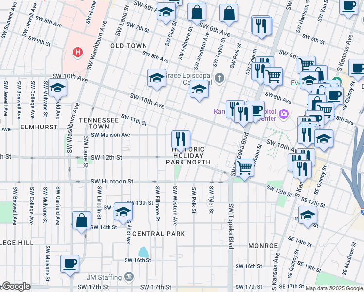 map of restaurants, bars, coffee shops, grocery stores, and more near in Topeka