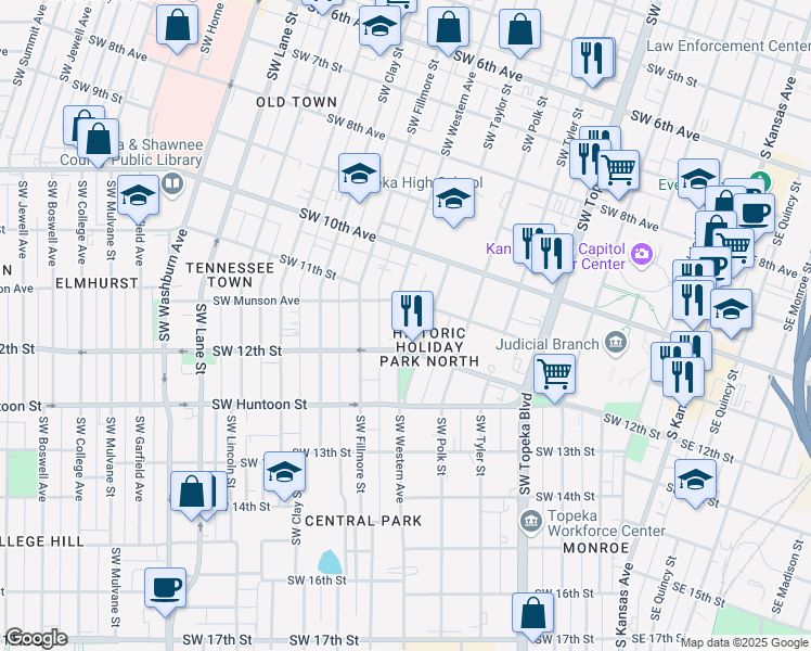 map of restaurants, bars, coffee shops, grocery stores, and more near 1121 Southwest Western Avenue in Topeka