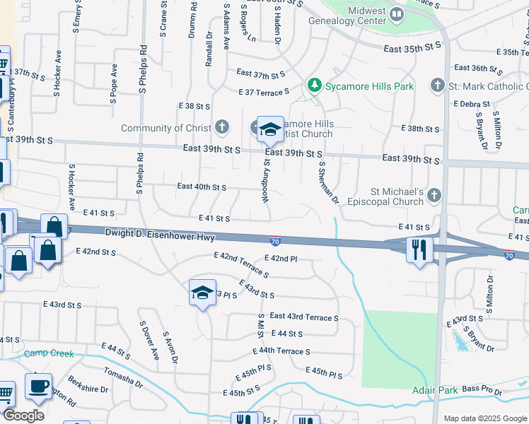 map of restaurants, bars, coffee shops, grocery stores, and more near 4014 Woodbury St in Independence