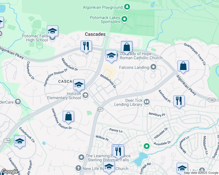 map of restaurants, bars, coffee shops, grocery stores, and more near 46743 Abington Terrace in Sterling