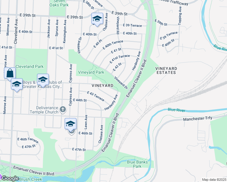 map of restaurants, bars, coffee shops, grocery stores, and more near 4841 East 43rd Street in Kansas City