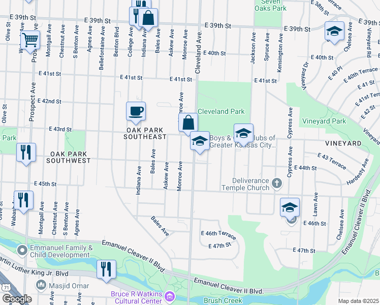 map of restaurants, bars, coffee shops, grocery stores, and more near 4332 Cleveland Avenue in Kansas City