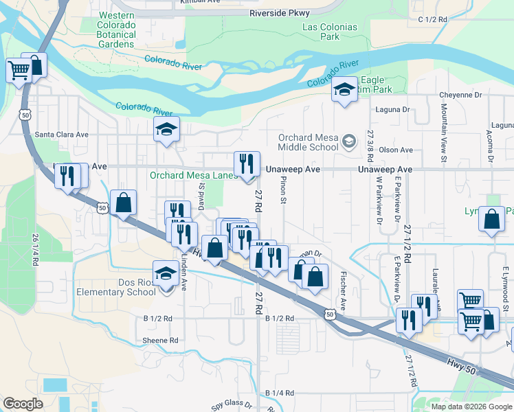 map of restaurants, bars, coffee shops, grocery stores, and more near 286 27 Road in Grand Junction
