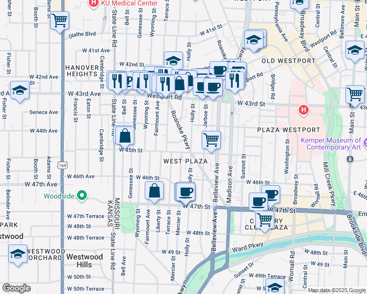 map of restaurants, bars, coffee shops, grocery stores, and more near 4440 Roanoke Parkway in Kansas City