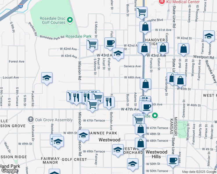 map of restaurants, bars, coffee shops, grocery stores, and more near 4456 Fisher Street in Kansas City