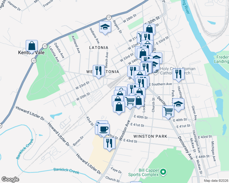 map of restaurants, bars, coffee shops, grocery stores, and more near 120 West 38th Street in Covington