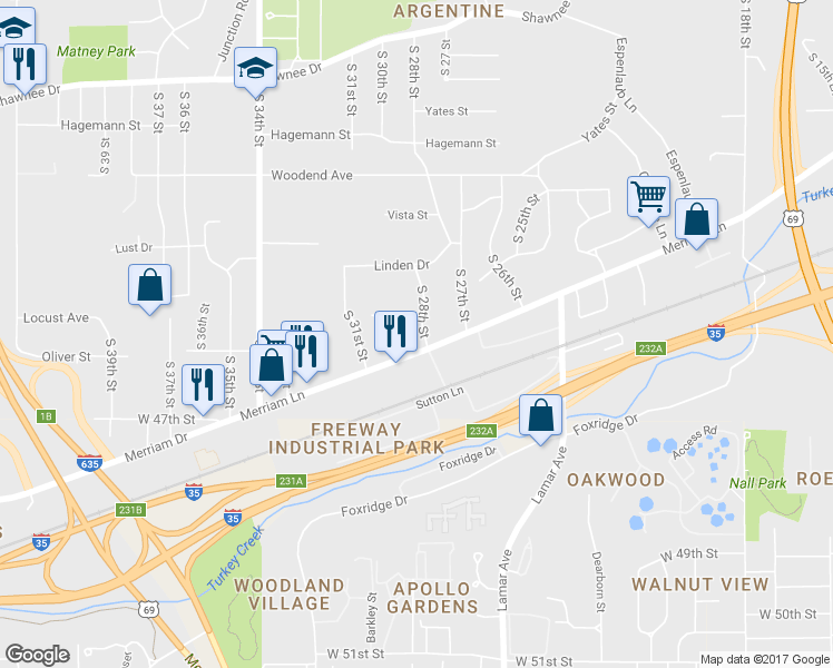 map of restaurants, bars, coffee shops, grocery stores, and more near 3026 South 28th Street in Kansas City