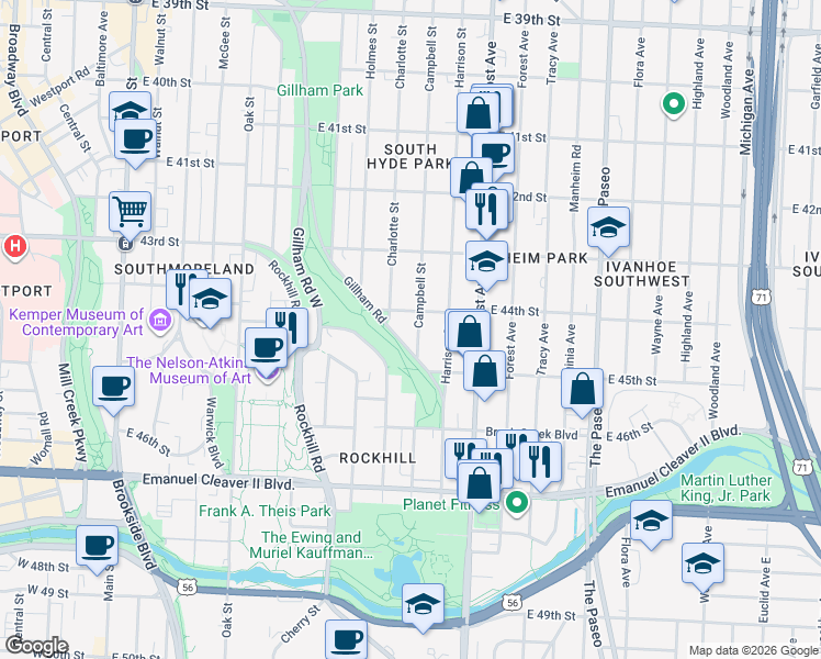 map of restaurants, bars, coffee shops, grocery stores, and more near 4416 Campbell Street in Kansas City