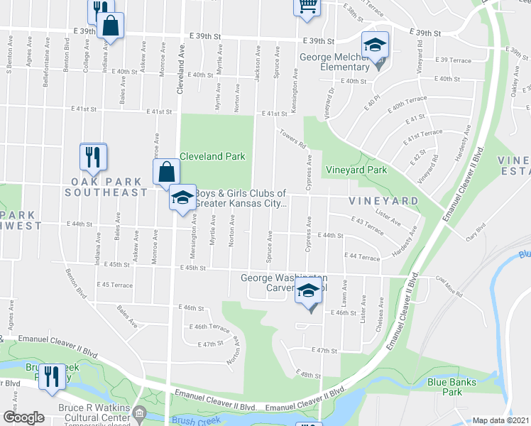 map of restaurants, bars, coffee shops, grocery stores, and more near 4324 Spruce Avenue in Kansas City