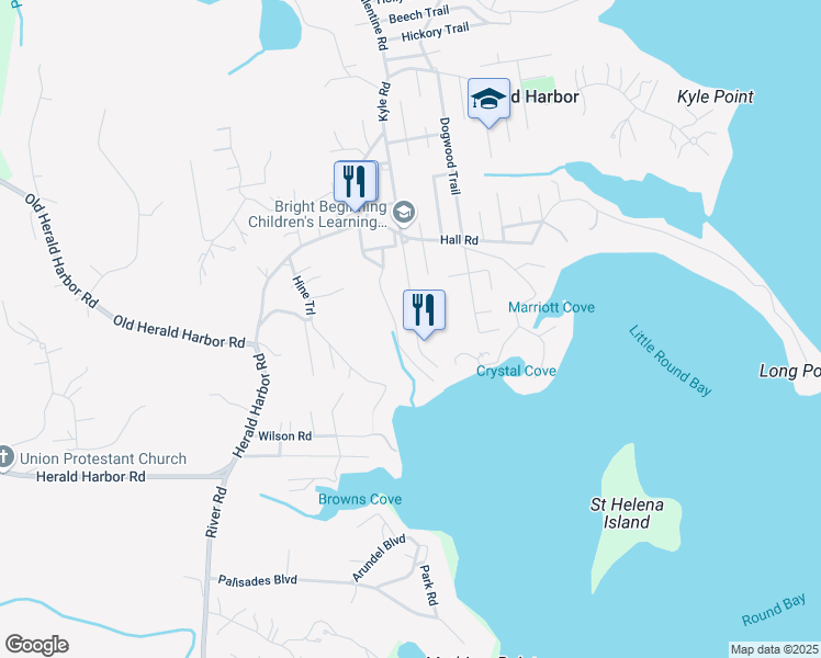 map of restaurants, bars, coffee shops, grocery stores, and more near 942 Buttonwood Trail in Crownsville