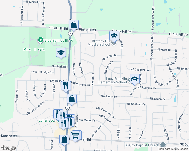 map of restaurants, bars, coffee shops, grocery stores, and more near 2421 Northwest Leann Drive in Blue Springs