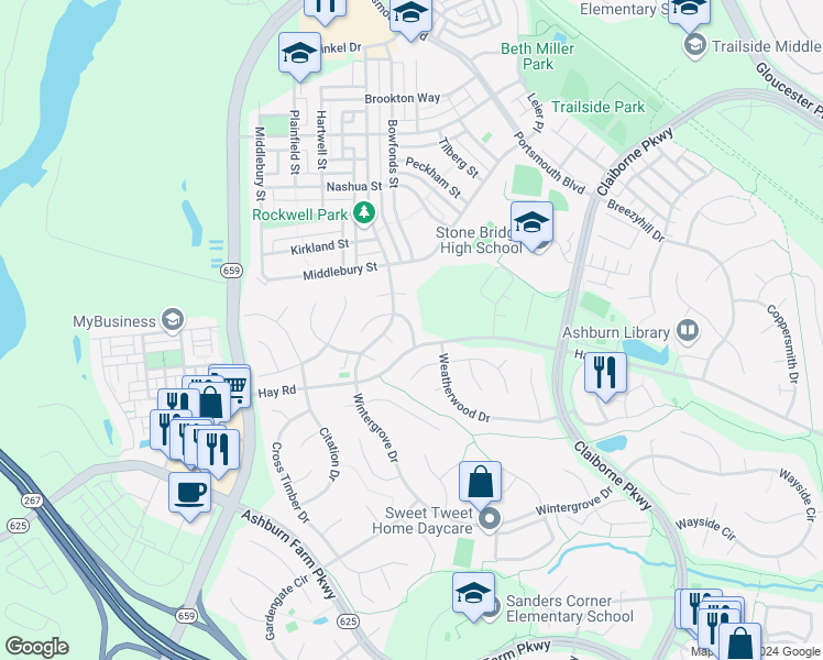 map of restaurants, bars, coffee shops, grocery stores, and more near 20699 Twelve Oaks Way in Ashburn
