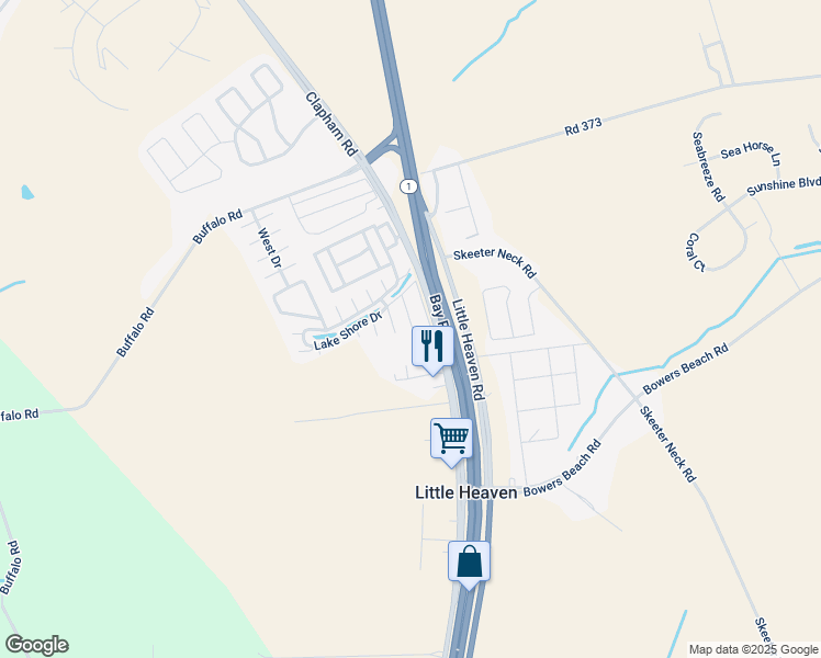 map of restaurants, bars, coffee shops, grocery stores, and more near 212 Kestrel Court in Frederica