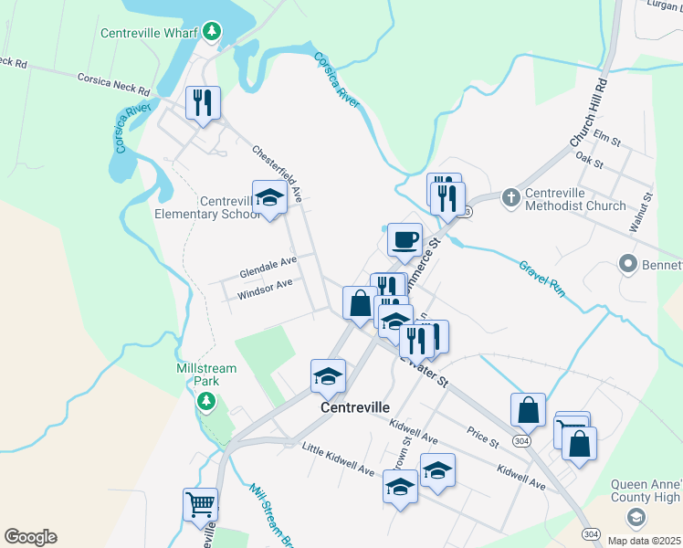 map of restaurants, bars, coffee shops, grocery stores, and more near 220 Broadway in Centreville