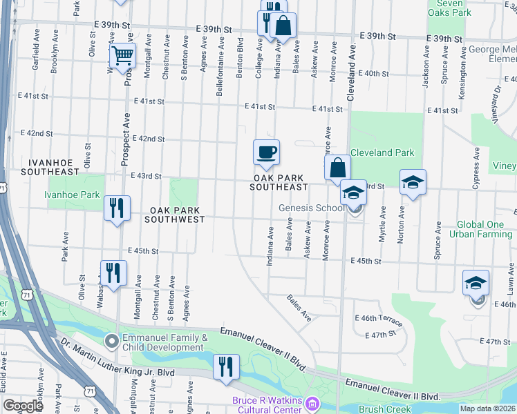 map of restaurants, bars, coffee shops, grocery stores, and more near 4336 Indiana Avenue in Kansas City
