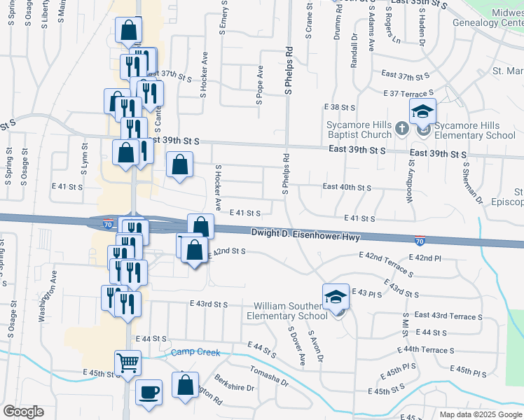 map of restaurants, bars, coffee shops, grocery stores, and more near 14612 East 41st Street South in Independence