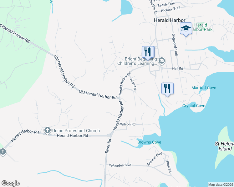 map of restaurants, bars, coffee shops, grocery stores, and more near 490 Herald Harbor Road in Crownsville
