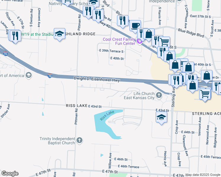 map of restaurants, bars, coffee shops, grocery stores, and more near 10412 East 42nd Street in Kansas City
