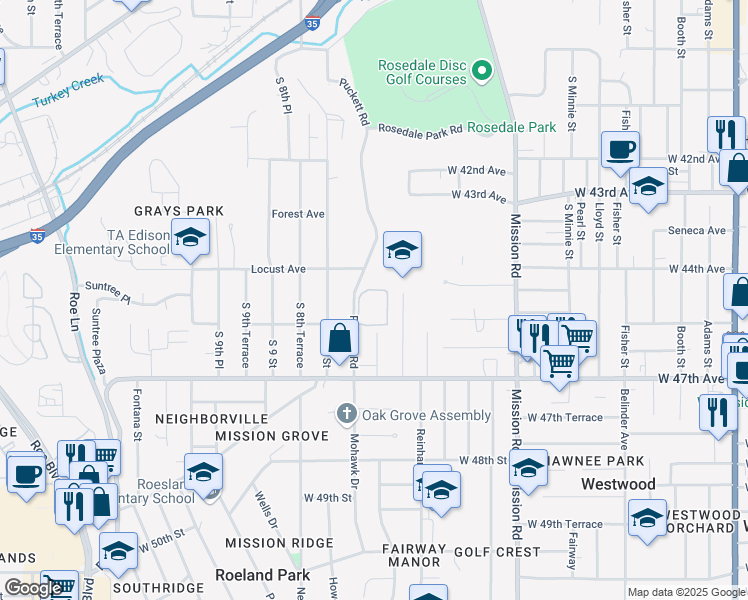 map of restaurants, bars, coffee shops, grocery stores, and more near 3023 Puckett Road in Kansas City