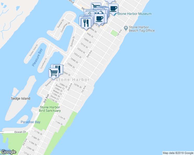 map of restaurants, bars, coffee shops, grocery stores, and more near 1 104th Street in Stone Harbor