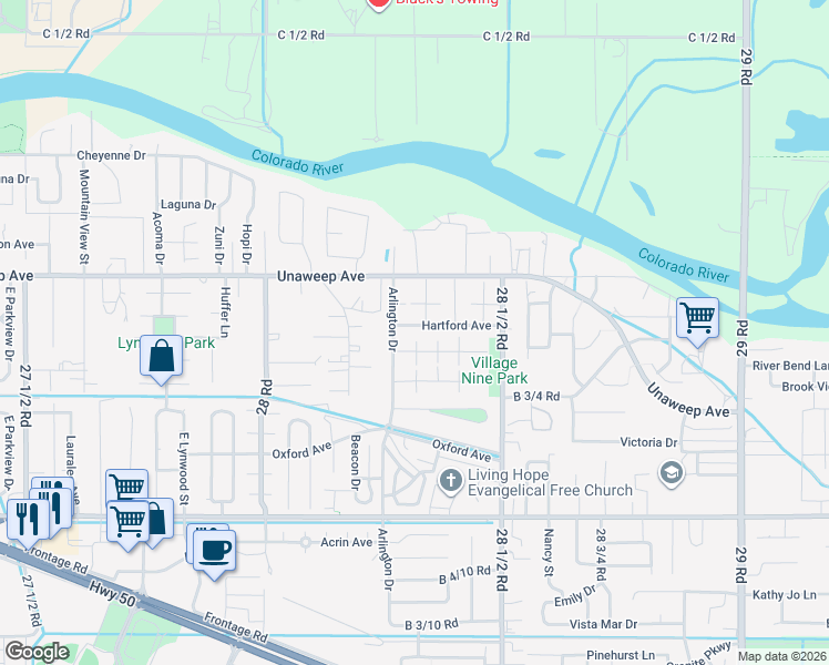 map of restaurants, bars, coffee shops, grocery stores, and more near 2829 Hartford Ave in Grand Junction