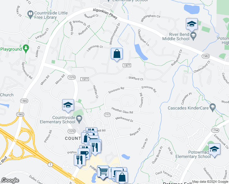 map of restaurants, bars, coffee shops, grocery stores, and more near 113 Environs Road in Sterling