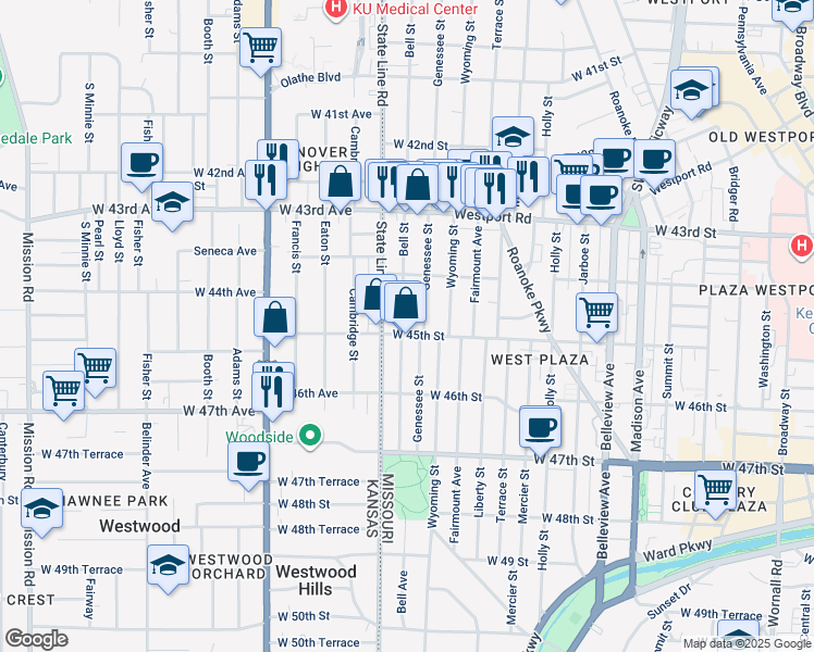 map of restaurants, bars, coffee shops, grocery stores, and more near 4443 Bell Street in Kansas City