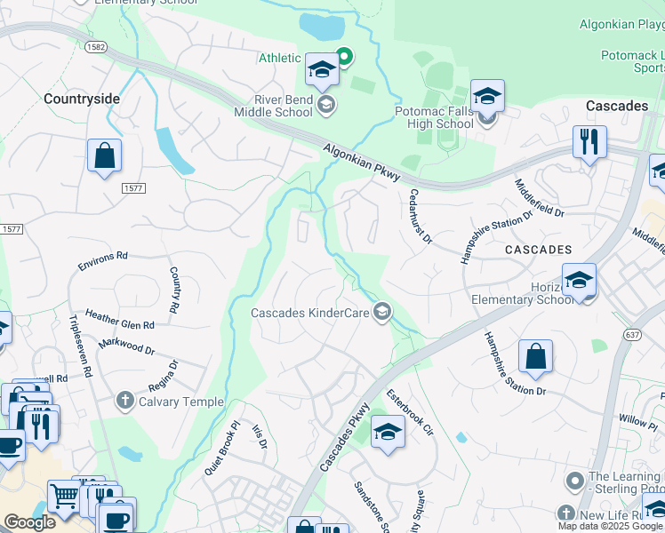 map of restaurants, bars, coffee shops, grocery stores, and more near 20596 Cutwater Place in Sterling