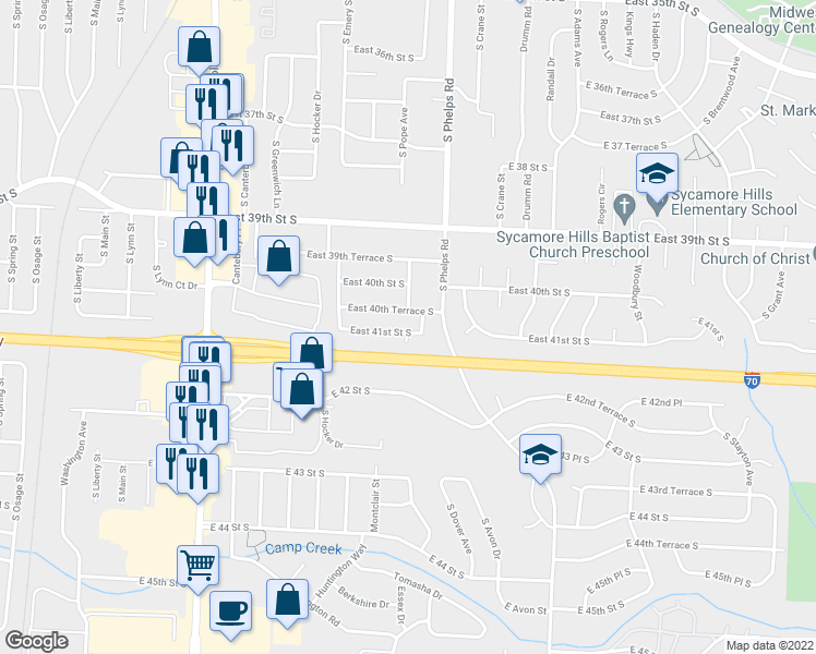 map of restaurants, bars, coffee shops, grocery stores, and more near 14617 East 41st Street South in Independence