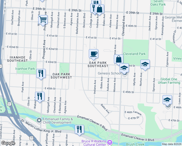 map of restaurants, bars, coffee shops, grocery stores, and more near 4336 Indiana Avenue in Kansas City