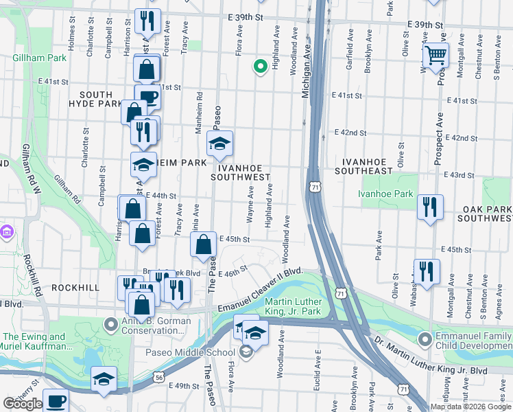 map of restaurants, bars, coffee shops, grocery stores, and more near 4404 Wayne Avenue in Kansas City