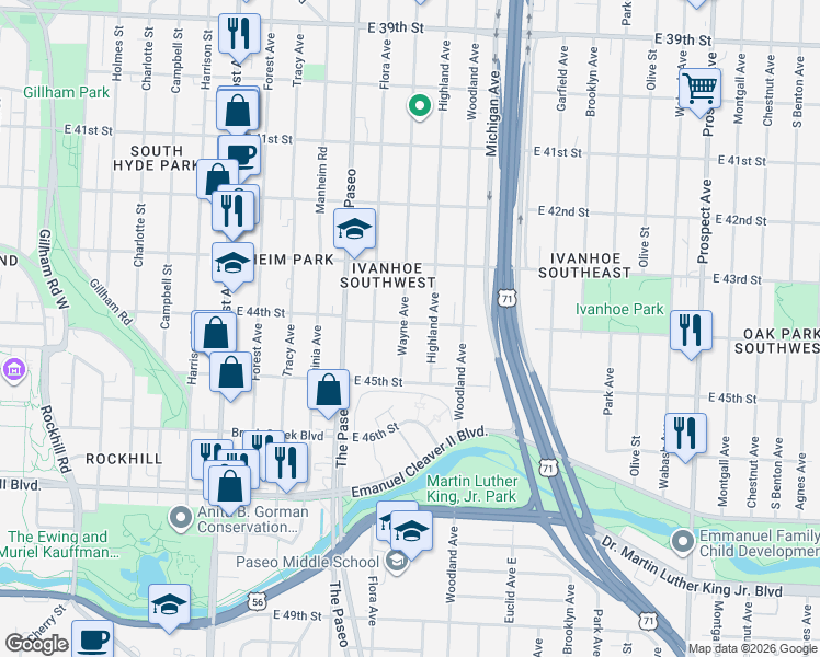 map of restaurants, bars, coffee shops, grocery stores, and more near 4404 Wayne Avenue in Kansas City