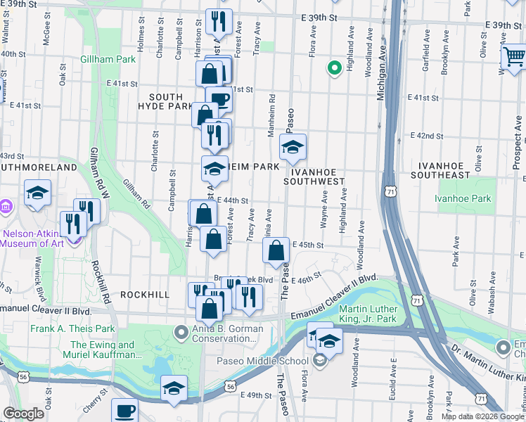 map of restaurants, bars, coffee shops, grocery stores, and more near 4415 Virginia Avenue in Kansas City
