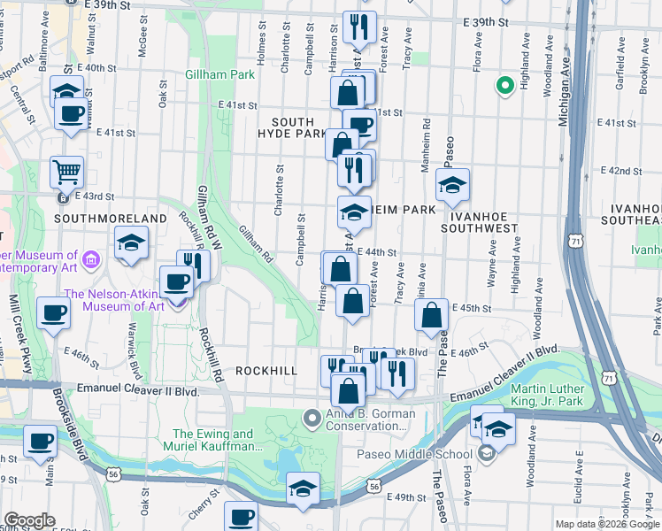map of restaurants, bars, coffee shops, grocery stores, and more near 4417 Harrison Street in Kansas City