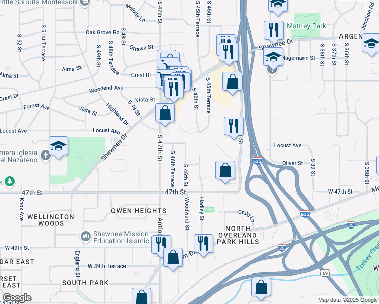 map of restaurants, bars, coffee shops, grocery stores, and more near 3028 South 46th Street in Kansas City