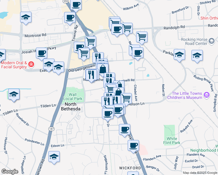map of restaurants, bars, coffee shops, grocery stores, and more near 11564 Rockville Pike in Rockville