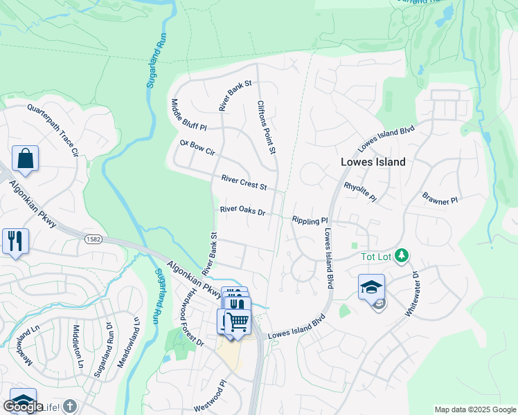 map of restaurants, bars, coffee shops, grocery stores, and more near 47426 River Oaks Drive in Sterling
