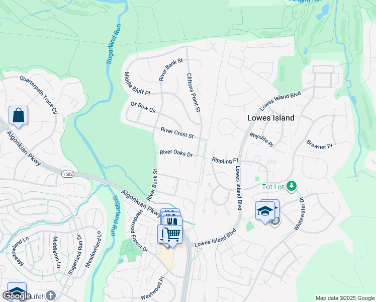 map of restaurants, bars, coffee shops, grocery stores, and more near 47426 River Oaks Drive in Sterling