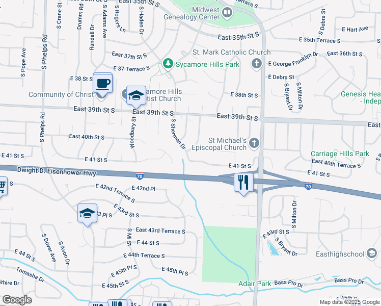 map of restaurants, bars, coffee shops, grocery stores, and more near 3935 South Grant Avenue in Independence