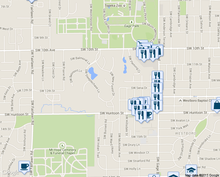 map of restaurants, bars, coffee shops, grocery stores, and more near 1139 Southwest New Forest Drive in Topeka