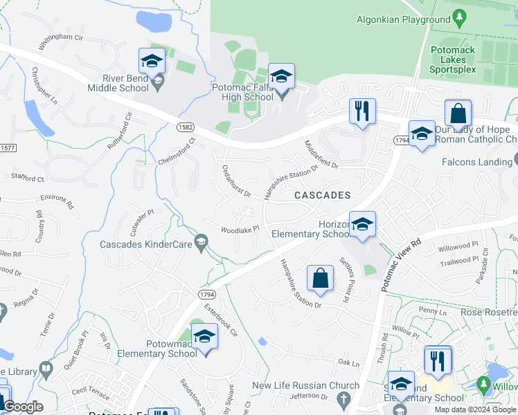 map of restaurants, bars, coffee shops, grocery stores, and more near 46451 Hampshire Station Drive in Sterling