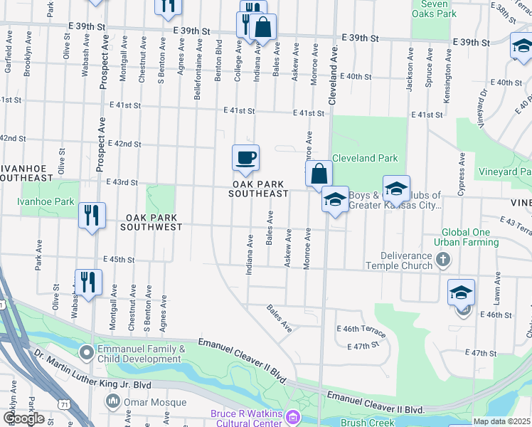 map of restaurants, bars, coffee shops, grocery stores, and more near 4330 Bales Avenue in Kansas City